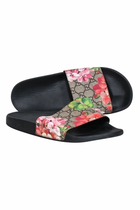 Gucci - Brown Monogram "GG Blooms Supreme Floral Slide Sandals" Sz 10 Slippers Smiley Face