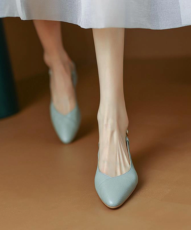 Blue Chunky Cowhide Leather Comfy Splicing Sandals Pointed Toe AP1003 Summer Wedge Sandals