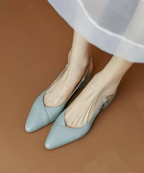 Blue Chunky Cowhide Leather Comfy Splicing Sandals Pointed Toe AP1003 Sandals Ankle Tie