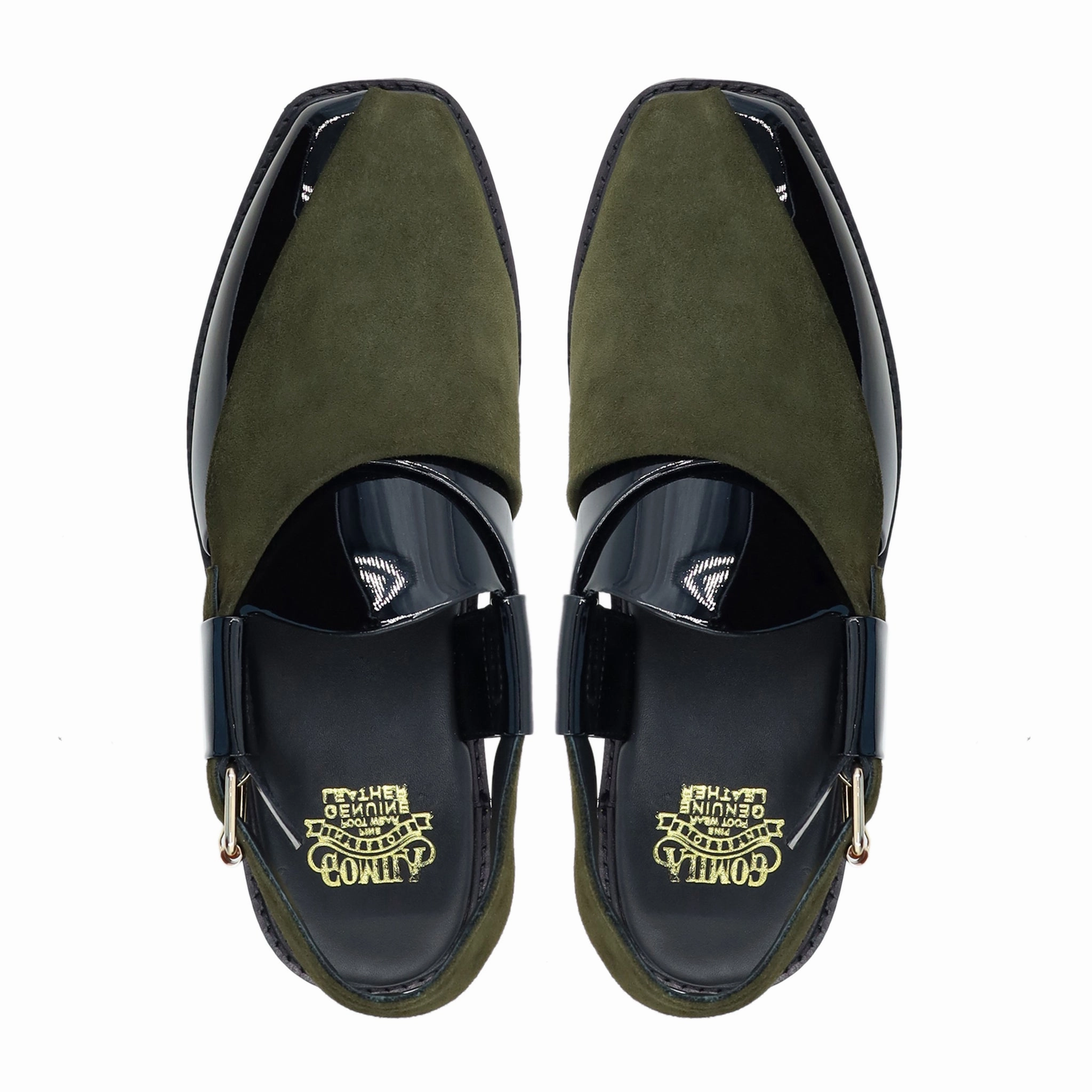 Hassium - Men's Black Patent Leather and Olive Green Kid Suede Sandal Little Heel Sandals