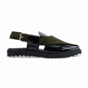 Wooden Heel Sandals Hassium - Men's Black Patent Leather and Olive Green Kid Suede Sandal