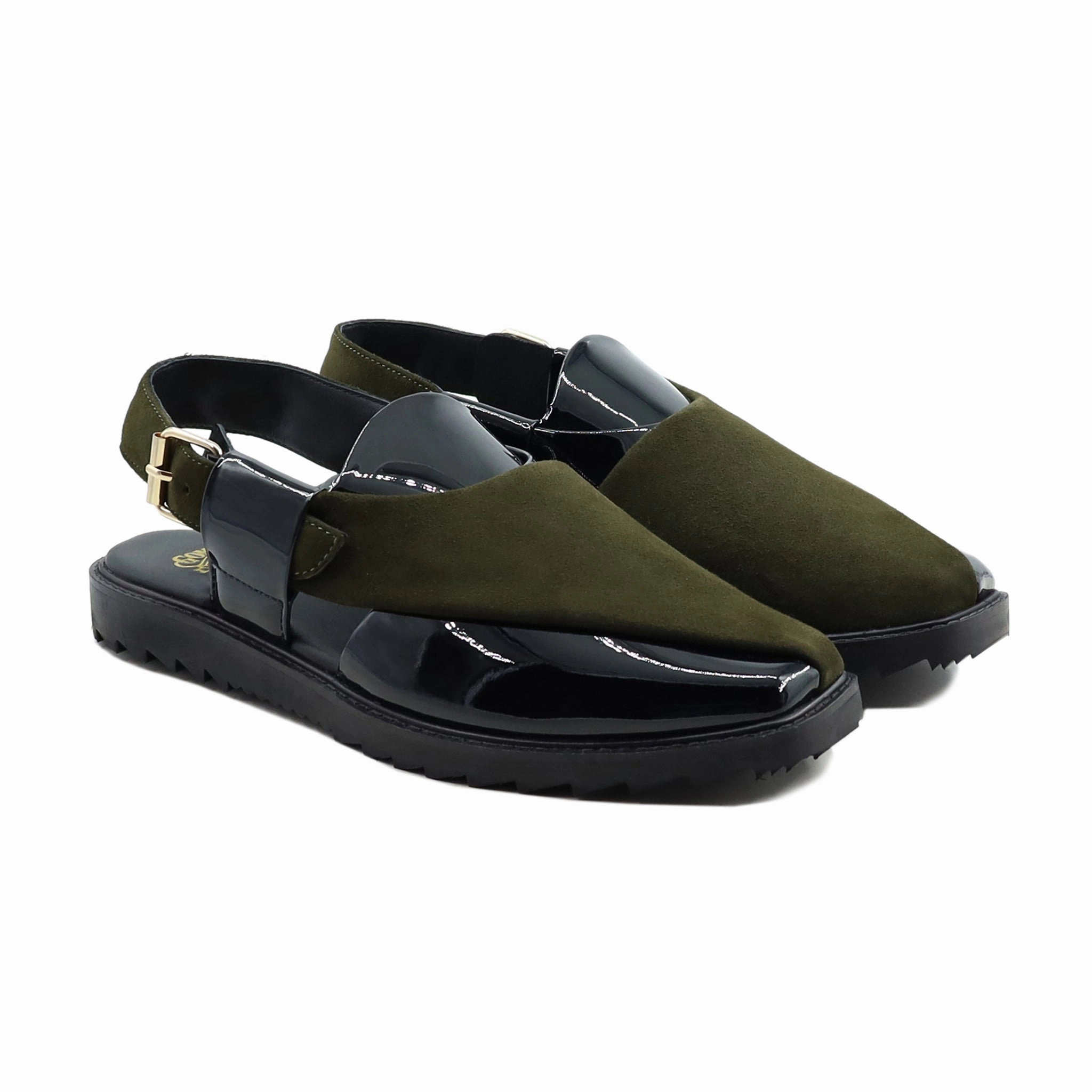 Hassium - Men's Black Patent Leather and Olive Green Kid Suede Sandal Sandals Preppy