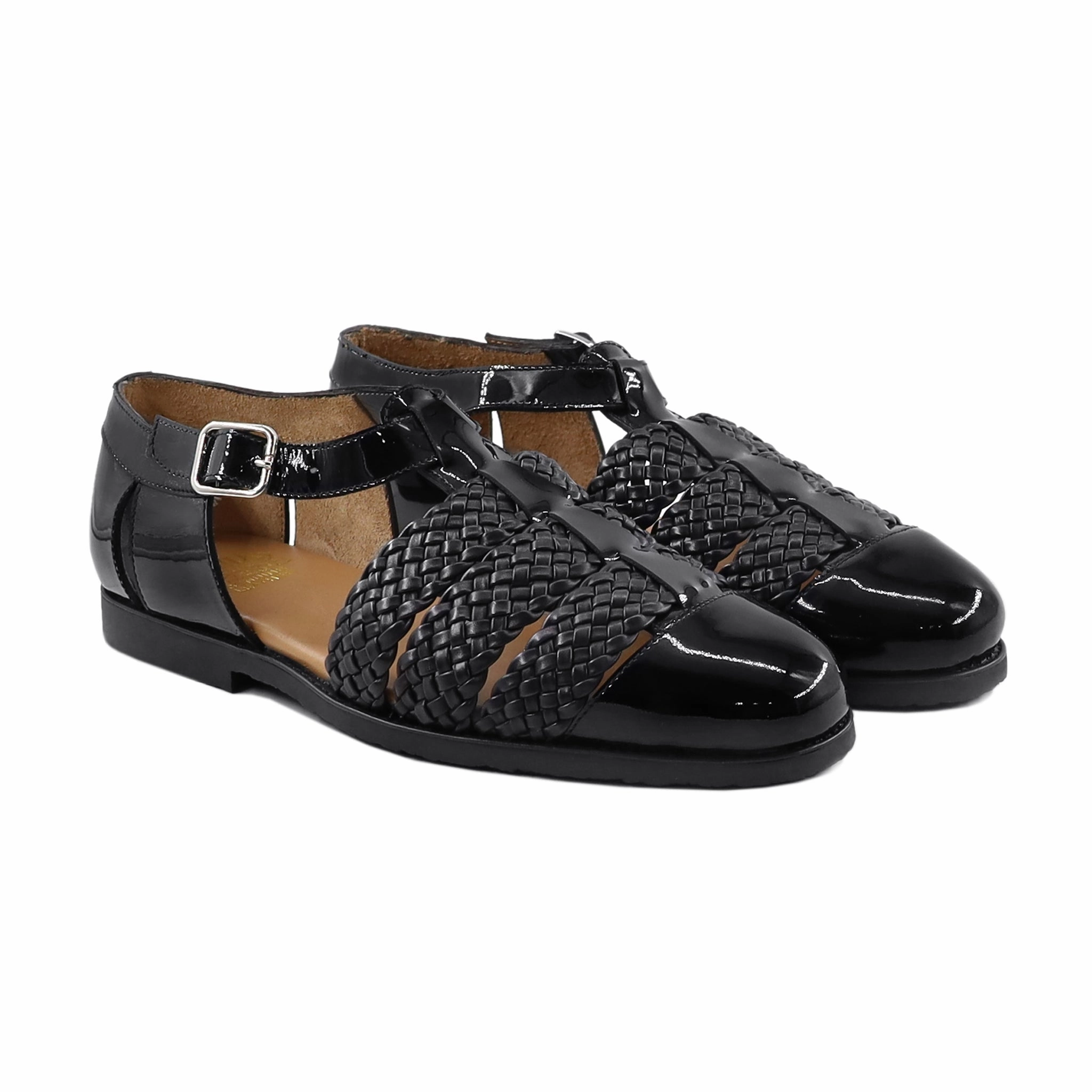 Small Heeled Sandals Hector - Men's Black Hand Woven Calf and Patent Leather Sandal
