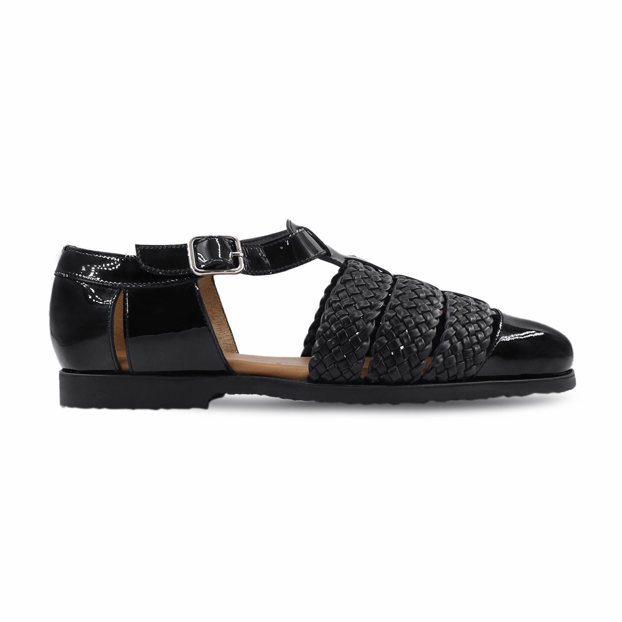 Cork Sole Sandals Hector - Men's Black Hand Woven Calf and Patent Leather Sandal