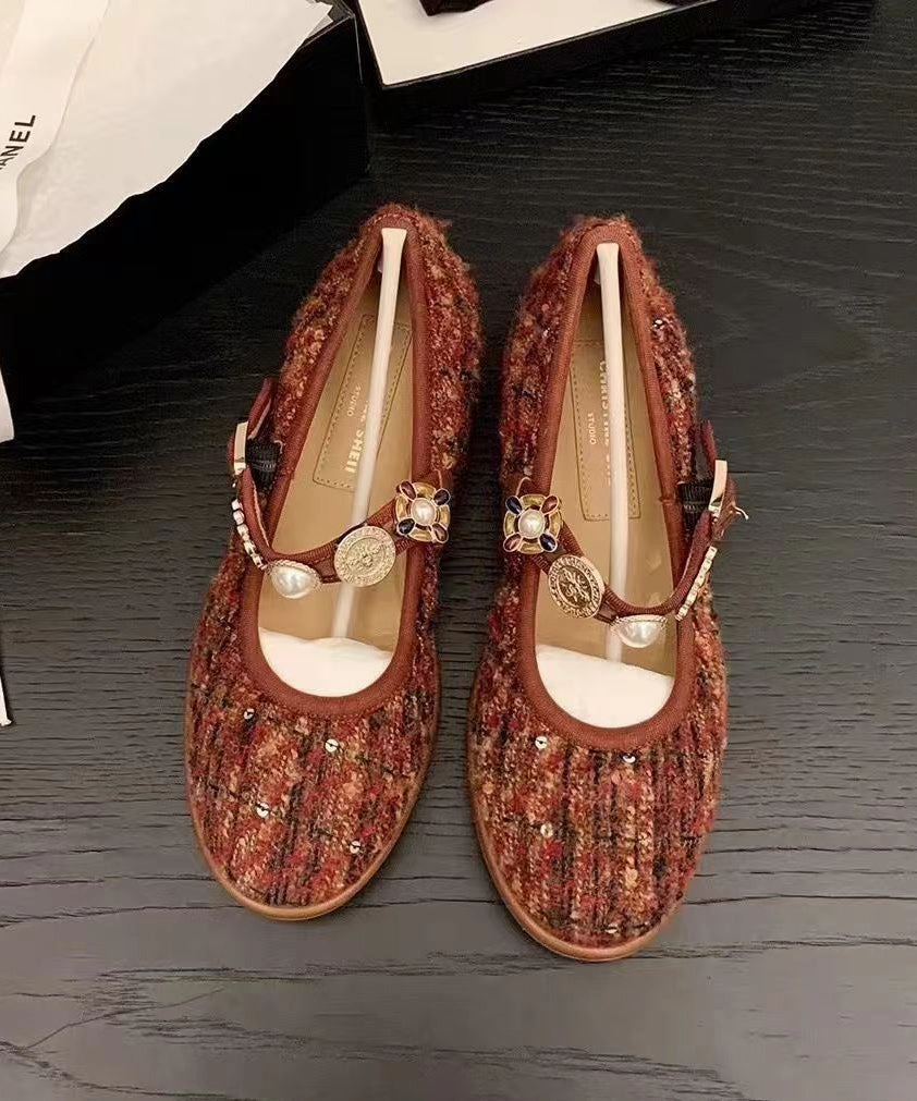 Generic Women Buckle Black Strap Splicing Flat Woolen Shoes