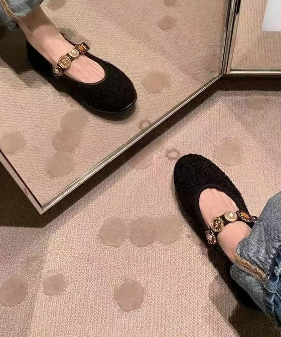 Slip-on Shoes Women Buckle Black Strap Splicing Flat Woolen Shoes