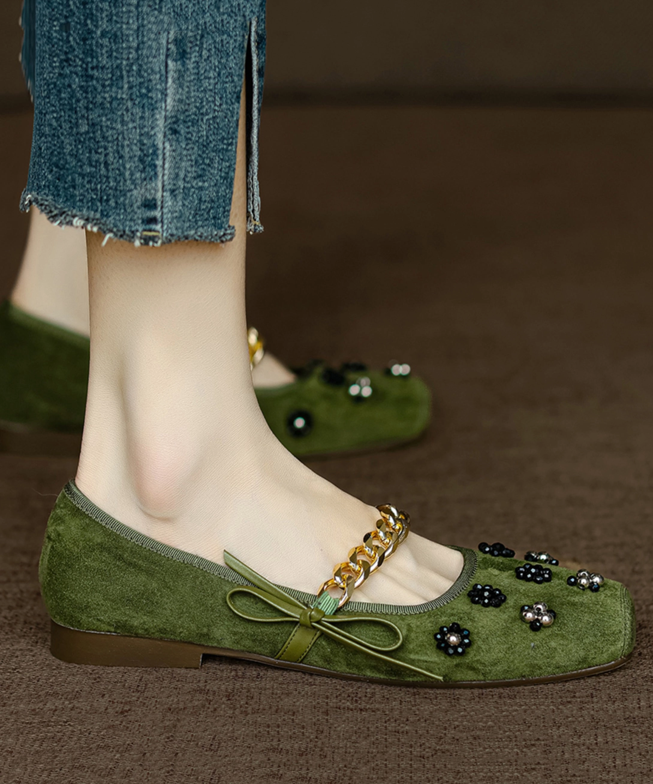 Women Bow Nail Bead Flat Feet Shoes Black Suede AP1056 Dupe For Shoes