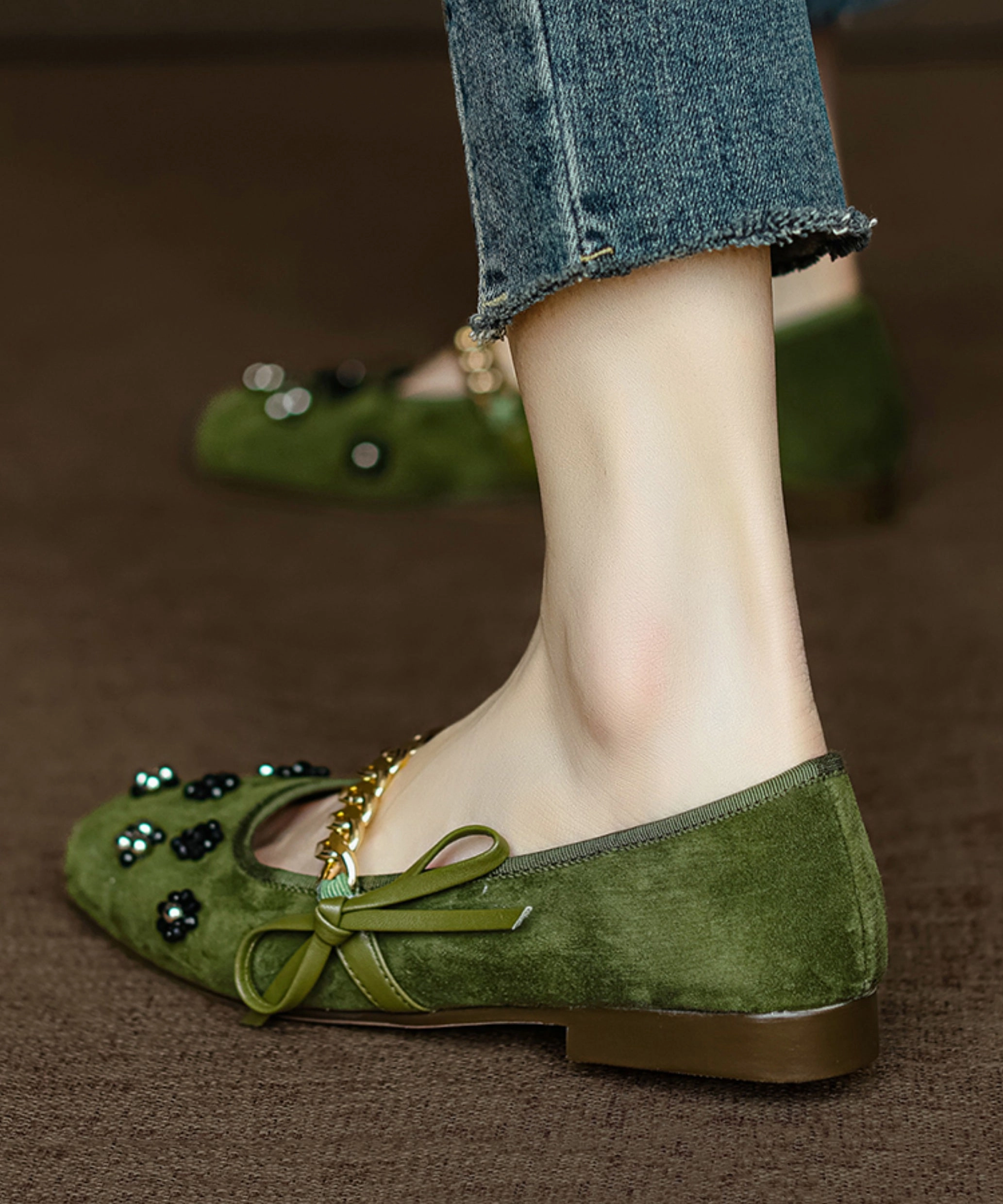 Eggnog Women Bow Nail Bead Flat Feet Shoes Black Suede AP1056