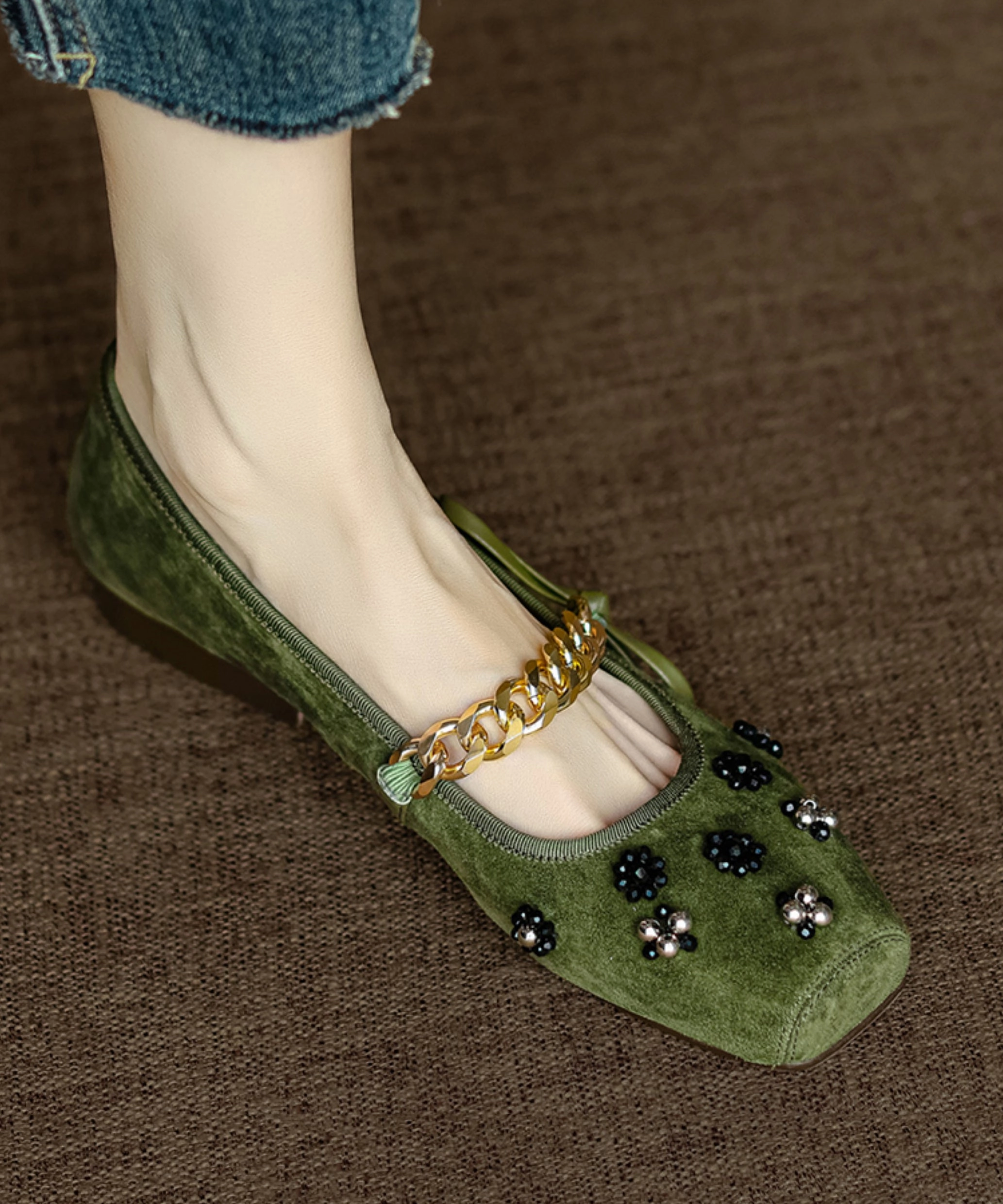 Women Bow Nail Bead Flat Feet Shoes Black Suede AP1056 Shoes Achilles Tendonitis