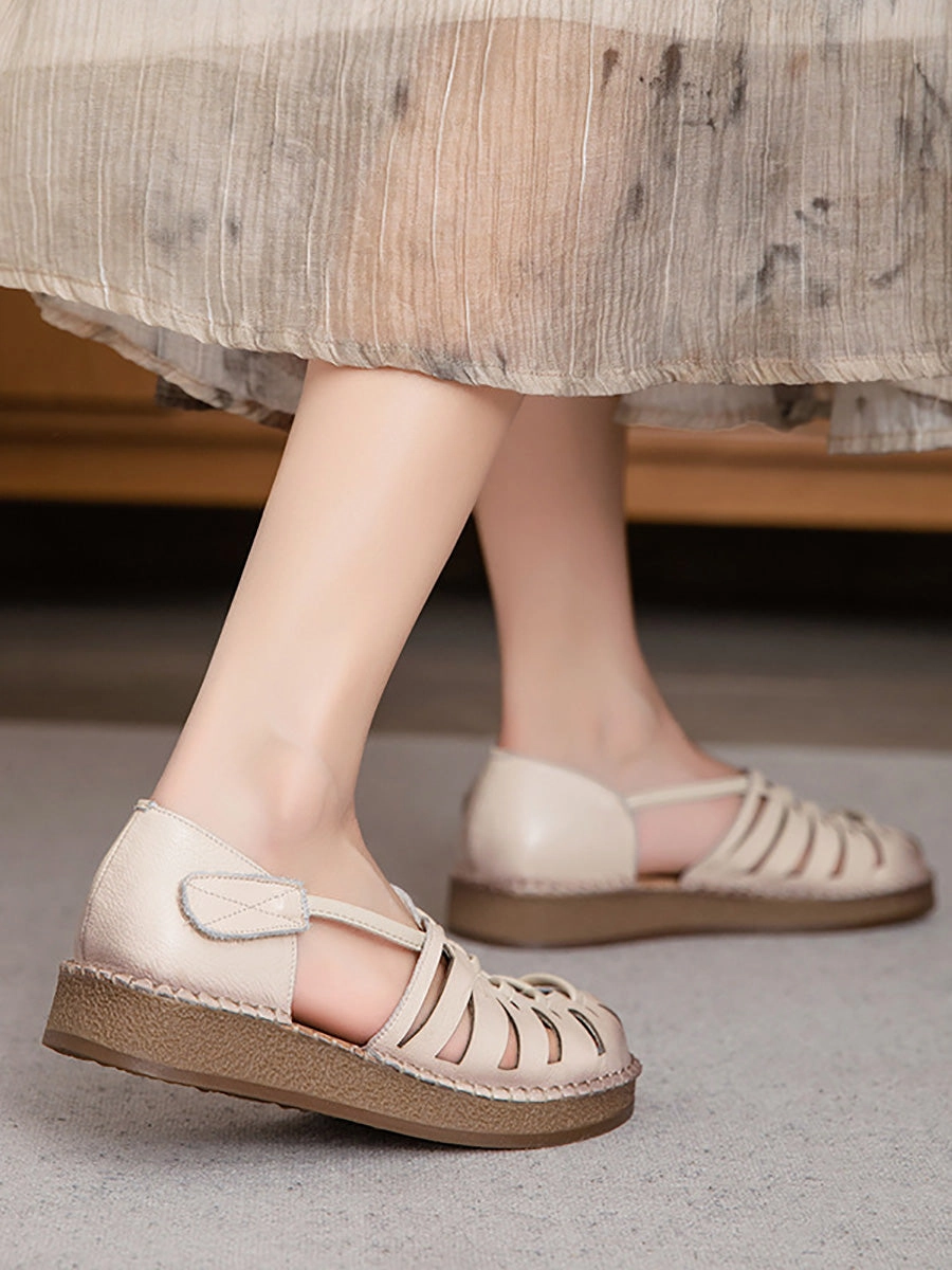 Stability Shoes Leather Sandals Heel Low Women Weave Summer