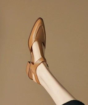 Brown Chunky Sheepskin Simple Splicing Sandals Hollow Out Pointed Toe AP1015 Sandals Black Friday Sale