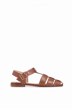 Taportal Sandals Lynn Flat Sandal in Cognac Nappa Leather with Stitch