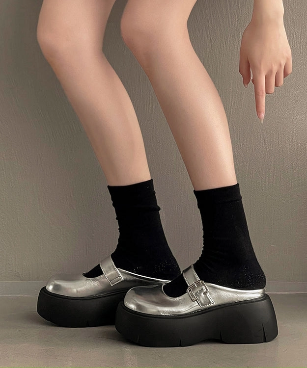 Block Heel Sandals Fashionable Japanese Versatile Silver Platform Slide Sandals AP1040