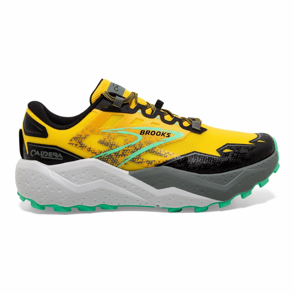 Men's Brooks Caldera 7, Lemon Chrome/Black/Springbud, 15 D Medium Beat Trail Running Shoes