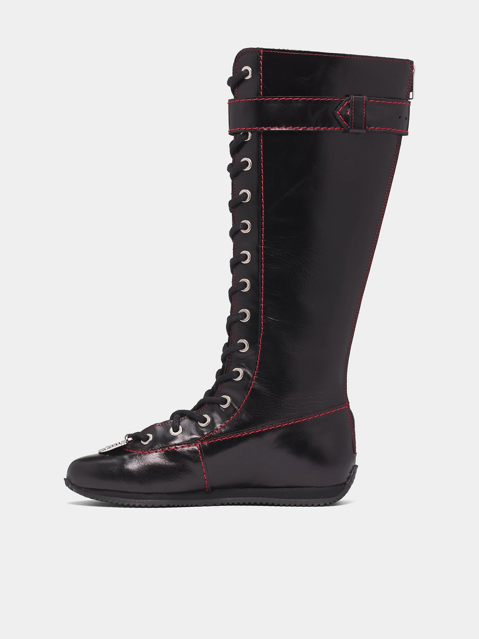 Pointed-toe Kitten-heel Knee-high Dress Boots Black Leather Stefanie High Boots (8500-CHUNKY-LACE-UP-BLACK)