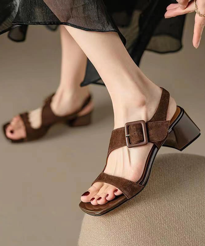Original Design Brown Cowhide Leather Hollow Out Chunky Heel Sandals JJ081 Sandals Low Heel