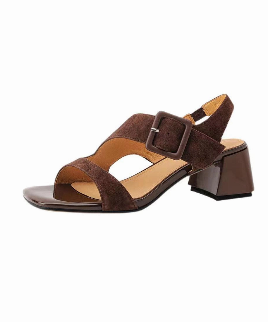 Original Design Brown Cowhide Leather Hollow Out Chunky Heel Sandals JJ081 Sandals Waterproof With Straps Open Toe Size 11 Wide