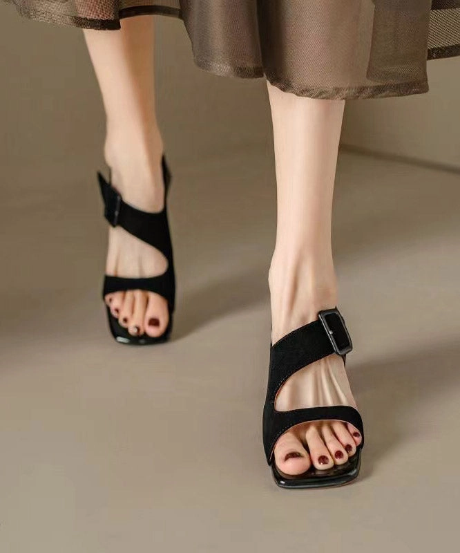 Patent Leather Sandals Original Design Brown Cowhide Leather Hollow Out Chunky Heel Sandals JJ081
