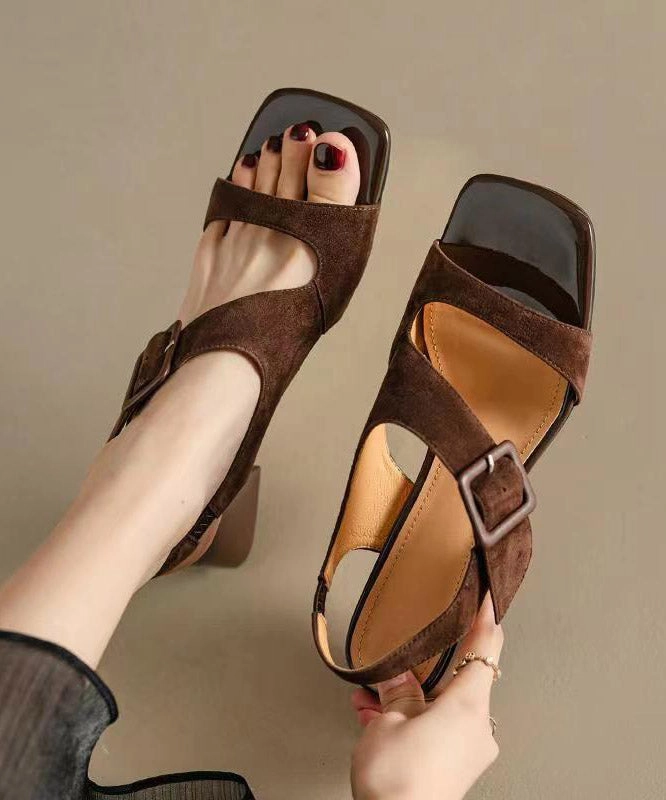 Original Design Brown Cowhide Leather Hollow Out Chunky Heel Sandals JJ081 Rope Sandals