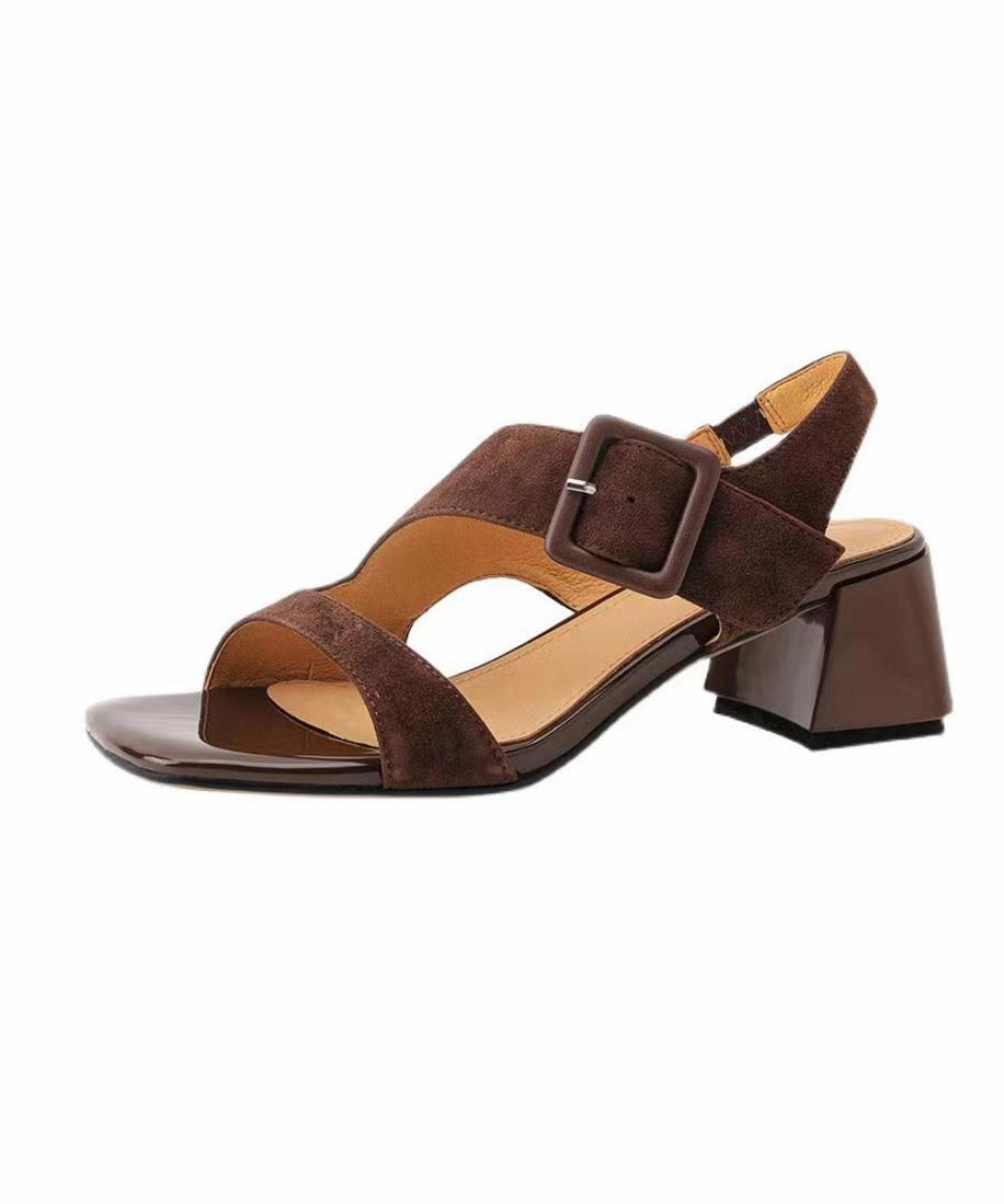 Designer Slide Sandals Original Design Brown Cowhide Leather Hollow Out Chunky Heel Sandals JJ081