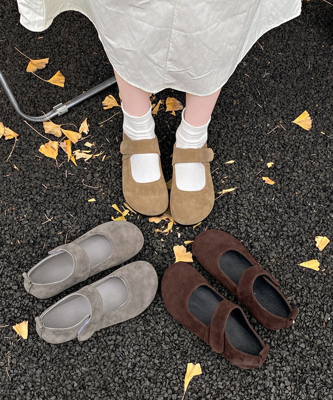 Grey Suede Flat Splicing Buckle Strap Women Feet Shoes Banned Shoes