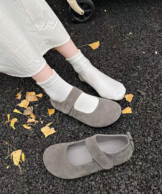 Grey Suede Flat Splicing Buckle Strap Women Feet Shoes Gtx