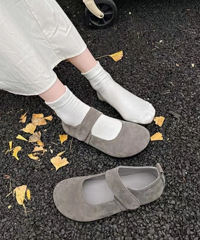 Brown Shoes Grey Suede Flat Splicing Buckle Strap Women Feet Shoes