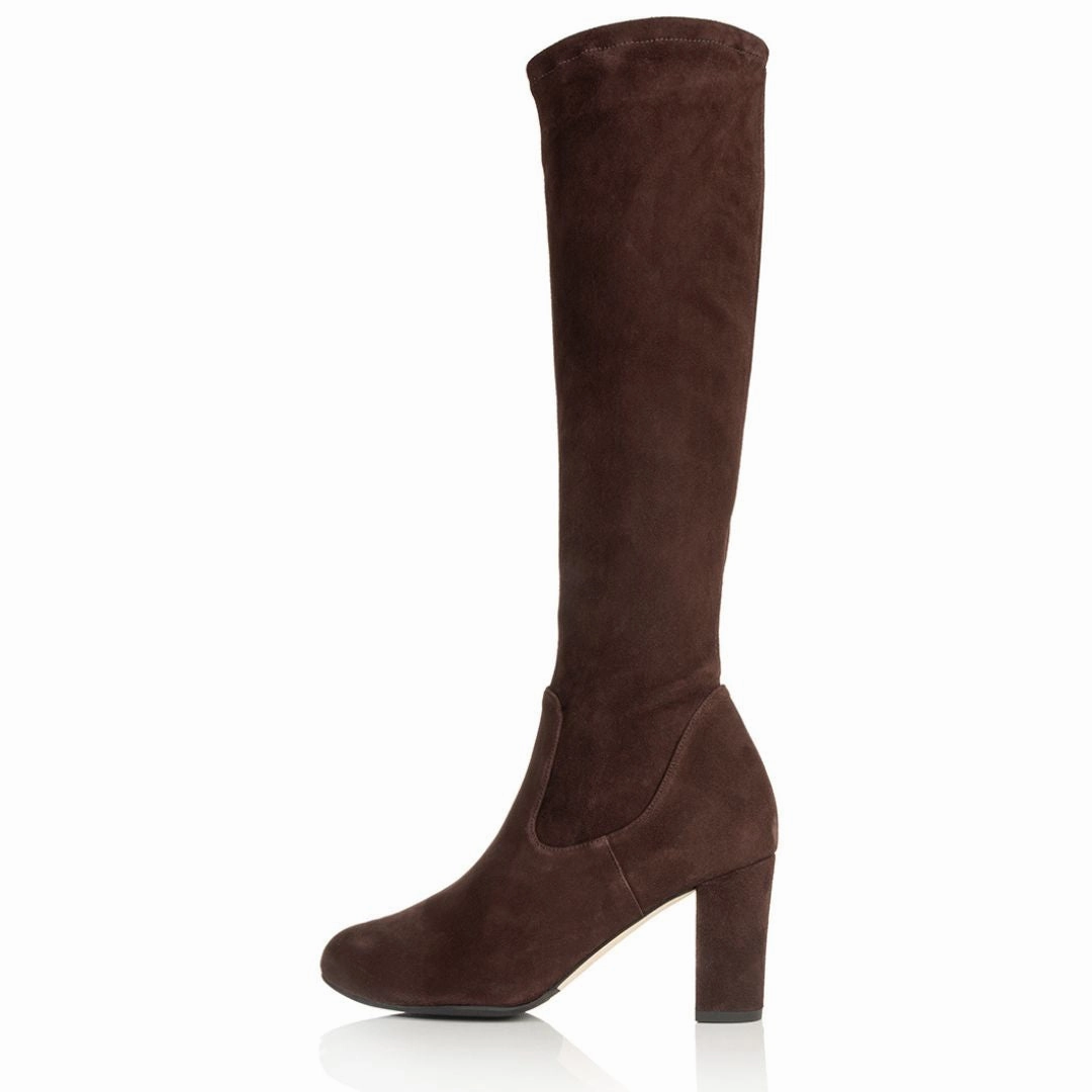 Lydia Extra-Wide Fit Knee High Boots - Brown Suede Knee High Boots Heels