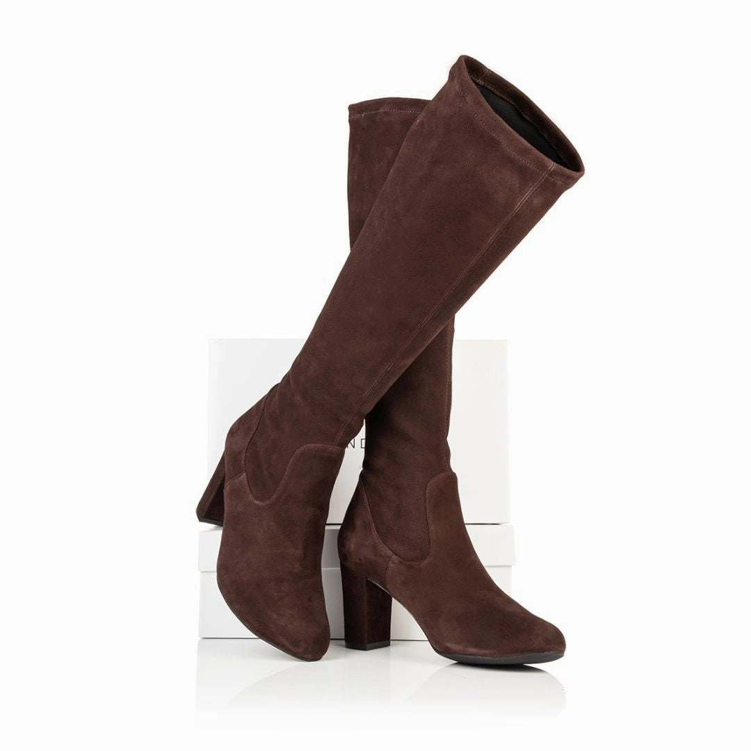 2 Inch Knee High Leather Boots Lydia Extra-Wide Fit Knee High Boots - Brown Suede