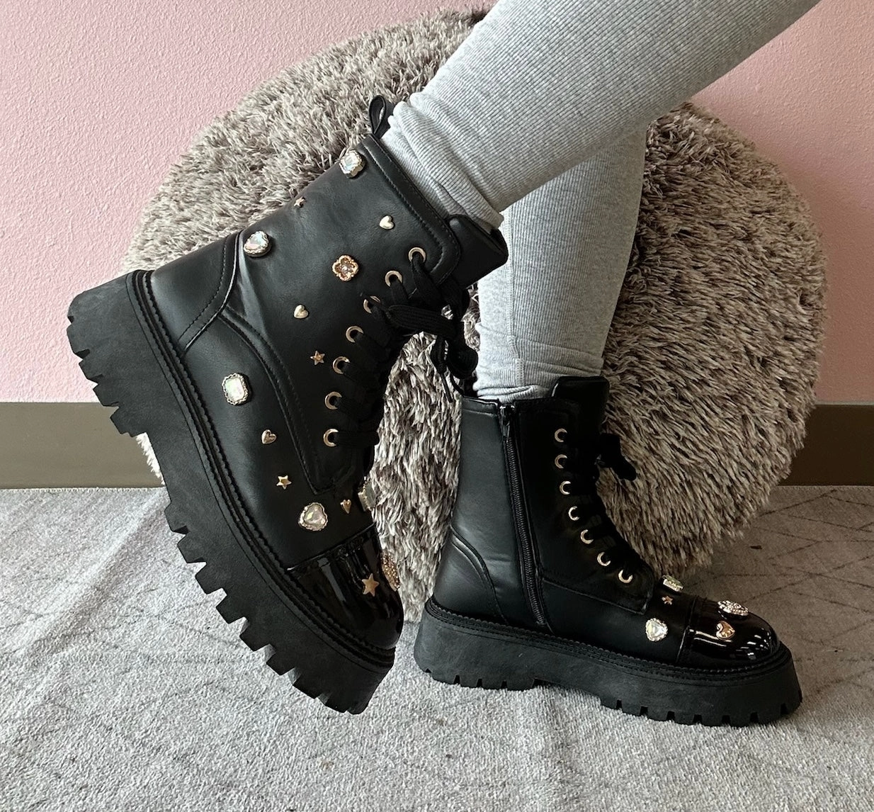 POLK-05 Black Faux Leather Combat Boot - Lace Up - Rhinestone Charms/Jewels Detail Thigh High Lace Up Combat Boots