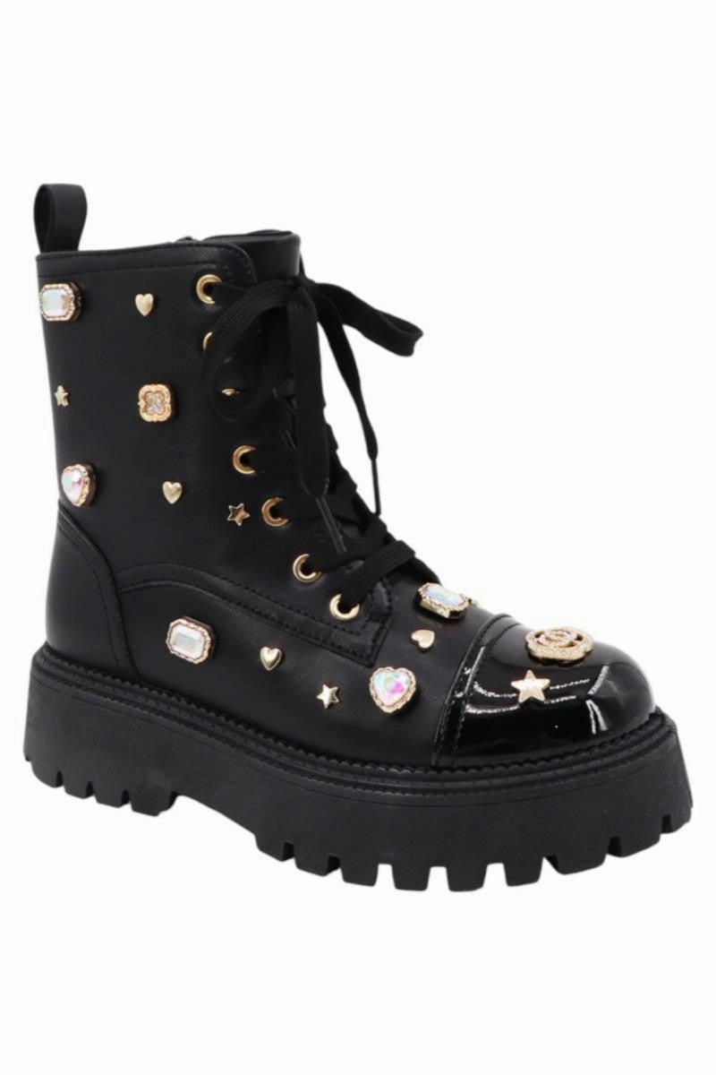 POLK-05 Black Faux Leather Combat Boot - Lace Up - Rhinestone Charms/Jewels Detail Combat Boots With Side Pouch