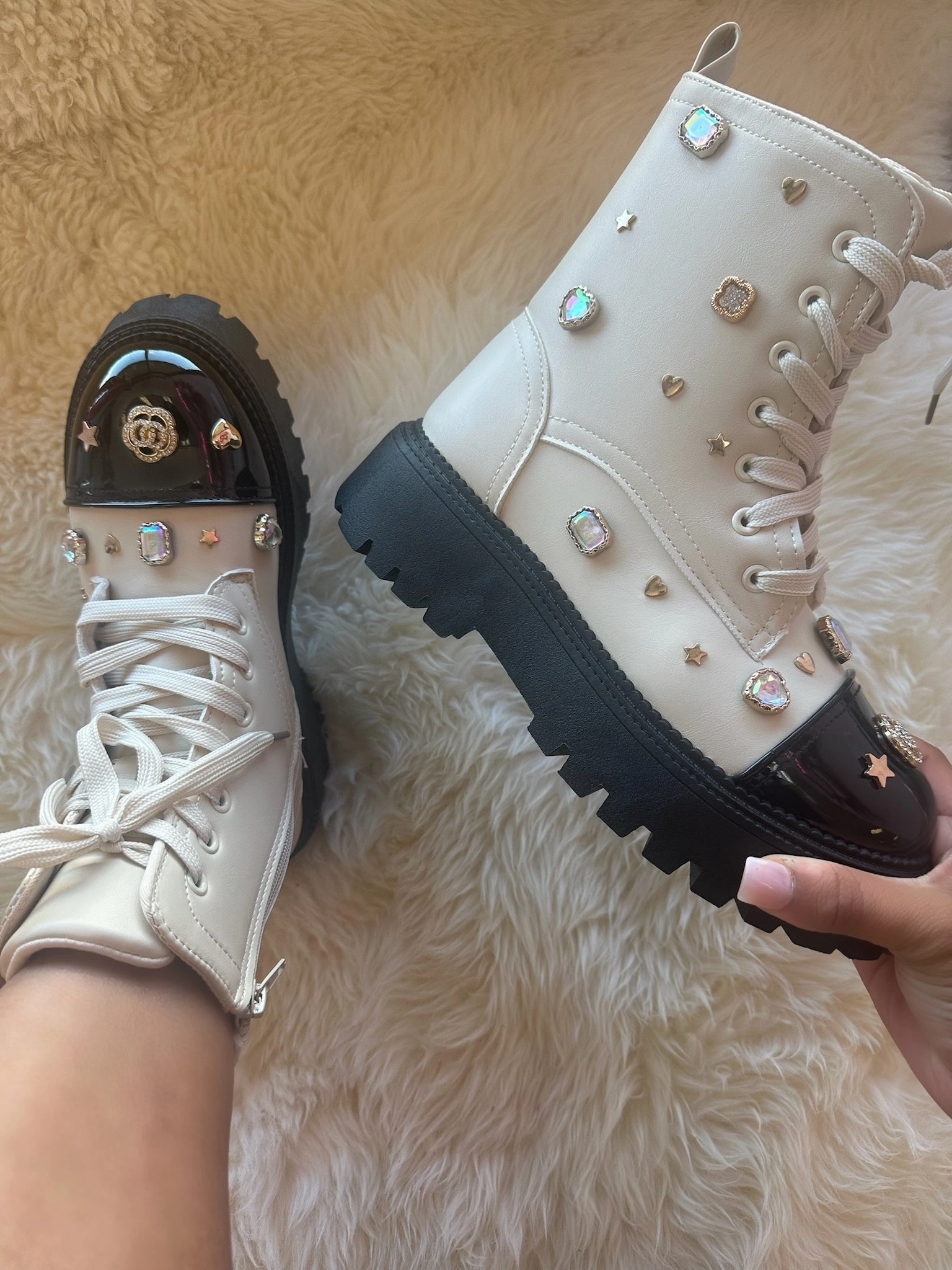 POLK-05 Ivory Black Patent Faux Leather Combat Boot - Lace Up - Rhinestone Charms/Jewels Detail Sandf Combat Boots