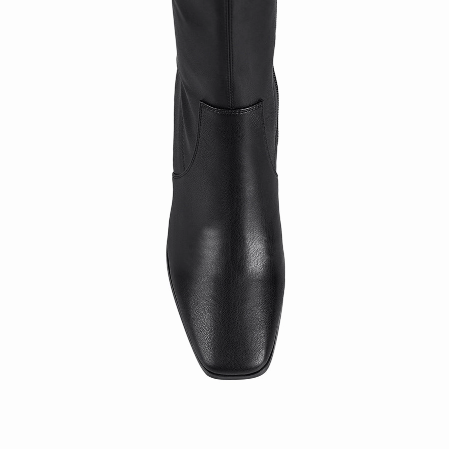 Linden Knee High Boots - Black Smooth Knee High Boots With Elastic Sides