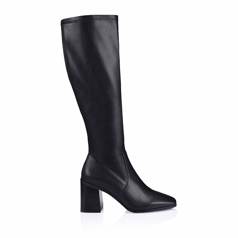 Linden Knee High Boots - Black Smooth Knee High Dress Boots Low Heel