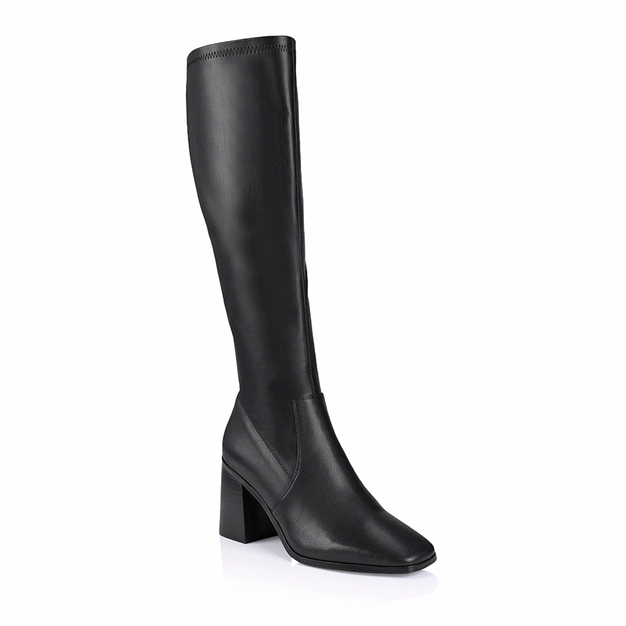 Linden Knee High Boots - Black Smooth Knee High Boots With Bow