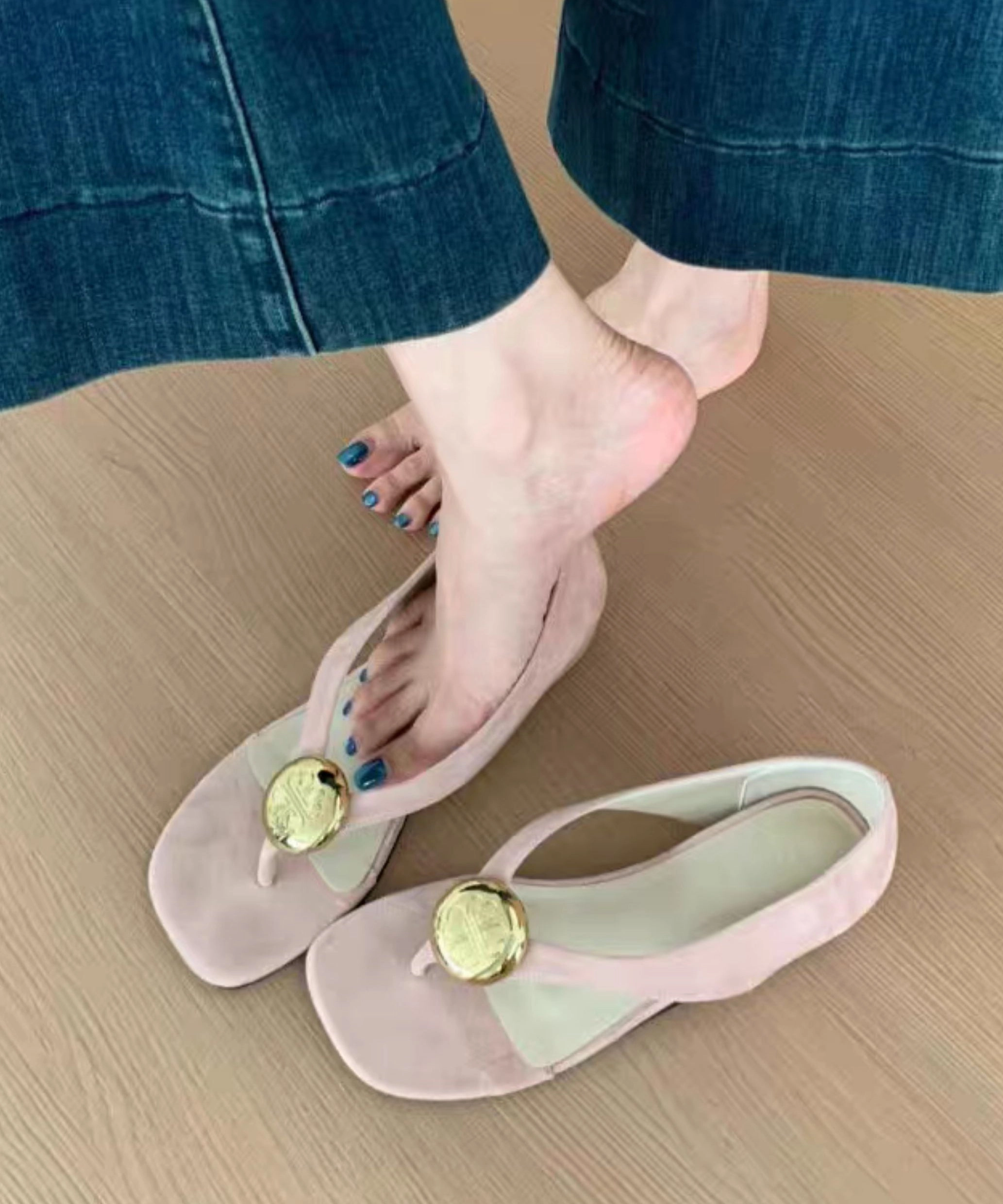 Wide Toe Flip Flops Purple Suede Flip French Wedge Splicing Flops