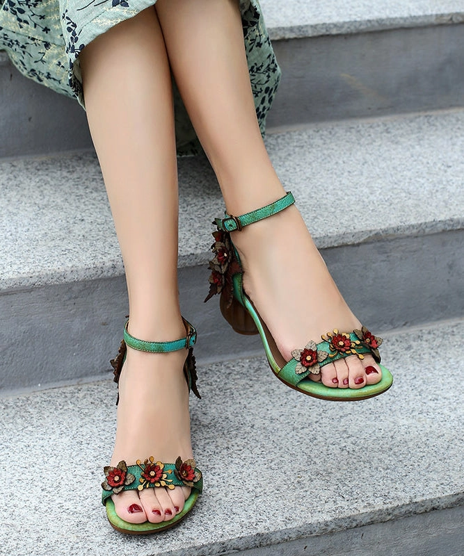 Handmade Orange Chunky Cowhide Leather Flower Peep Toe Sandals SL1003 Comfortable Sandals Wedge
