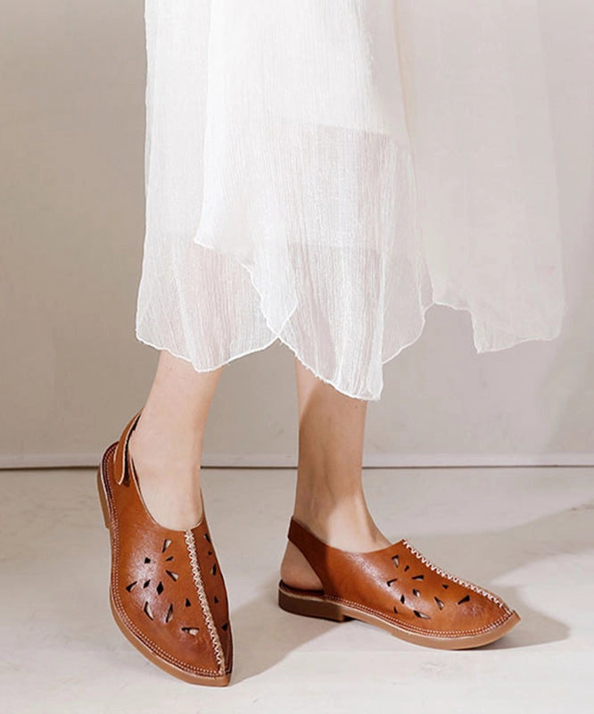 Soft Brown Hollow Out Splicing Walking Sandals SL1002 T Strap Sandals Heels