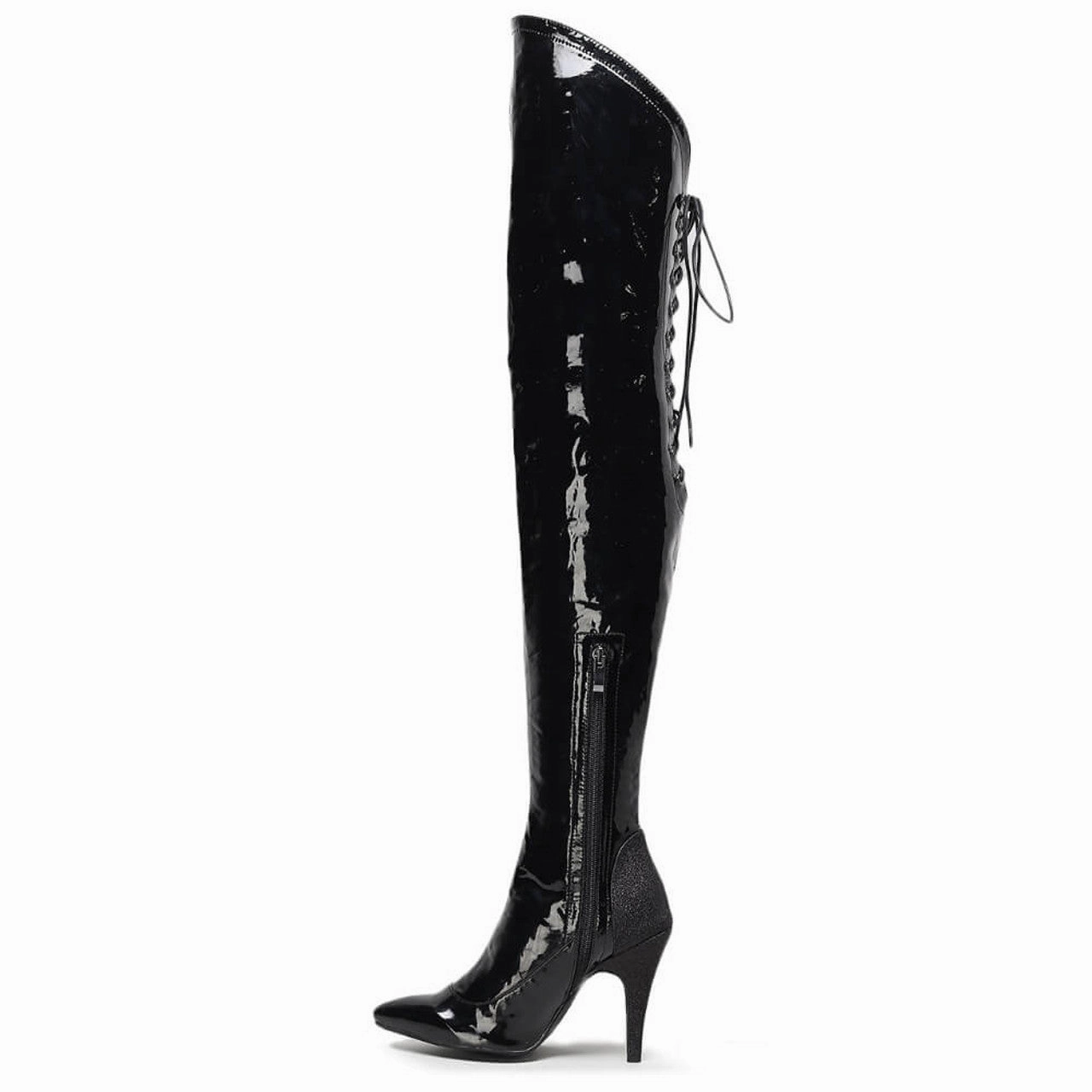 Fold-over Cuffed Knee High Wedge Dress Boots Savage Thigh High - By Kiira Harper - Closed Pointed Toe Wet Look Dance Boots (Street Sole)