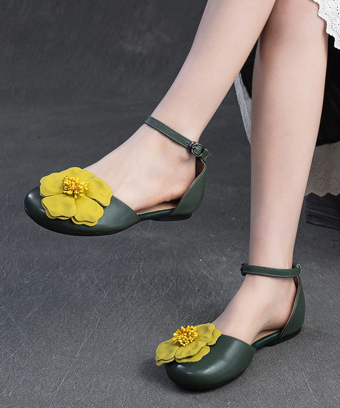 Women Floral Splicing Walking Sandals Green Cowhide Leather YC014 Fancy Sandals
