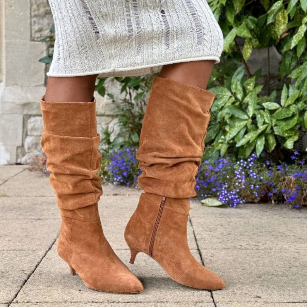 Slim Leg Leather Knee High Boots Delilah - Extra-Wide Fit Knee High Slouch Boots - Tan Nubuck Suede