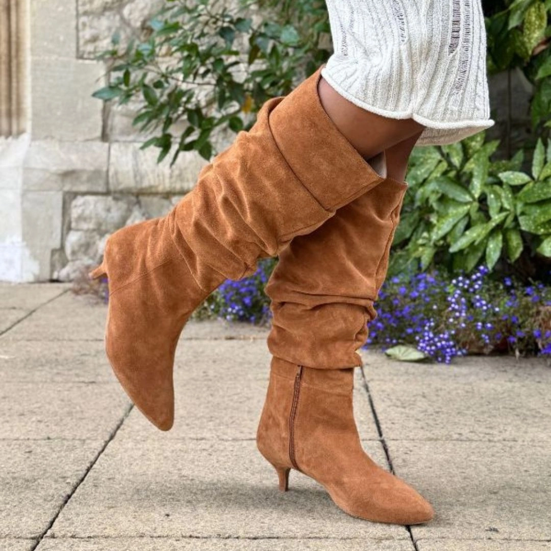 Eye Extreme Max Virginia Leather Knee High Boots Delilah - Extra-Wide Fit Knee High Slouch Boots - Tan Nubuck Suede