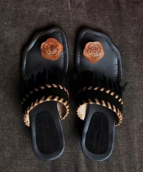 Stylish Black Tasseled Splicing Flip Flops Slide Sandals AG1015 Cute Strappy Sandals