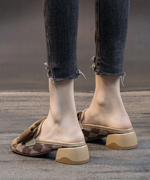 Stylish Comfy Apricot Bow Chunky Slide Sandals AP1054 Open Toe Sandals With Heels