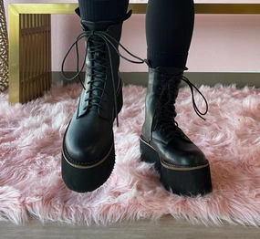 Joan Now Lace-up Combat Boots THE RIVETER Black Faux Leather Platform Combat Boot