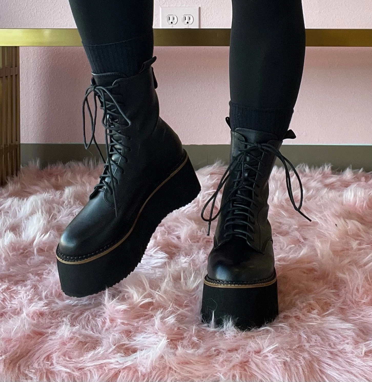 THE RIVETER Black Faux Leather Platform Combat Boot Combat Boots With Sparkles