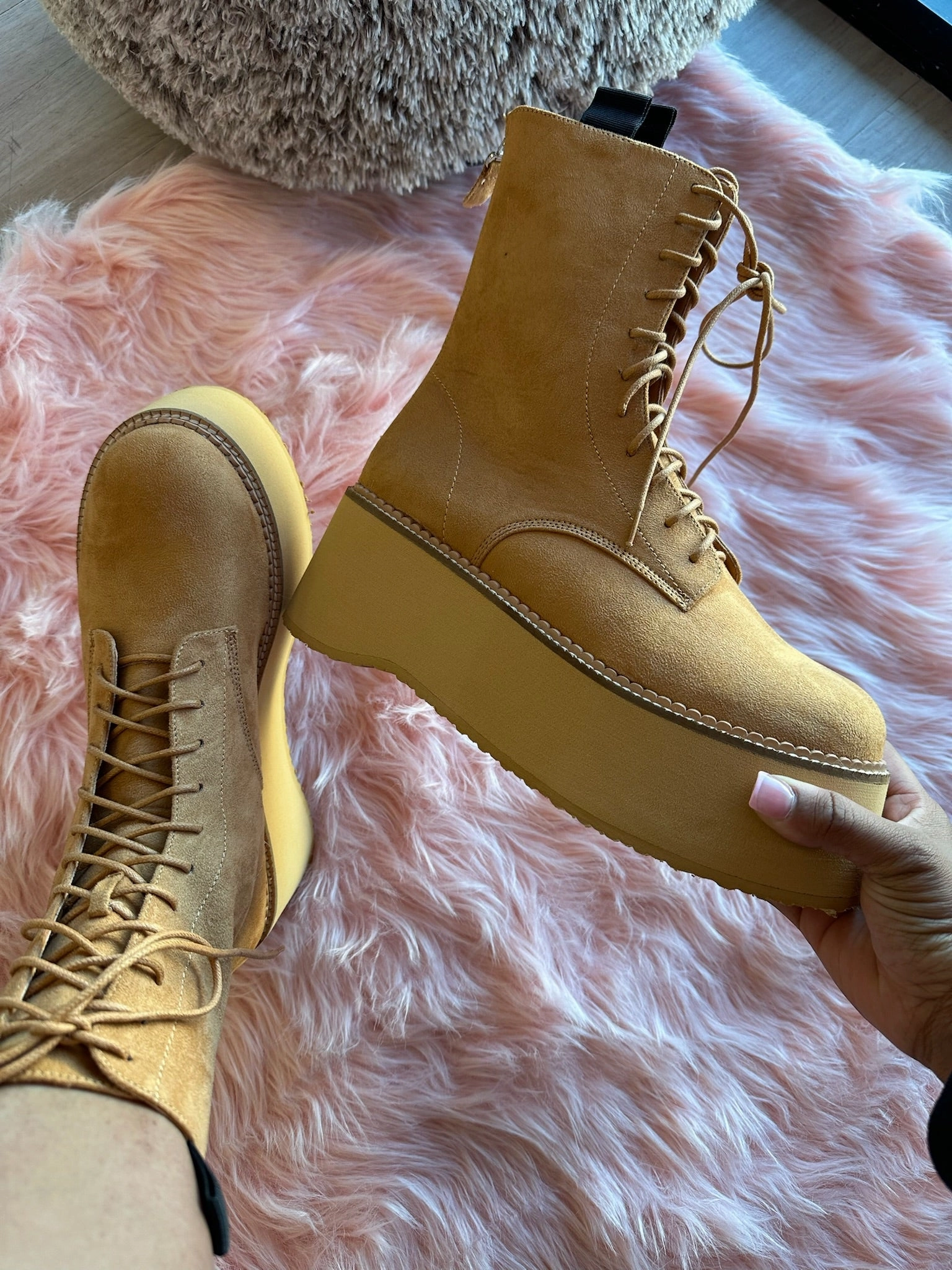 THE RIVETER Chestnut Tan Faux Leather Platform Combat Boot Unr8ed Combat Boots