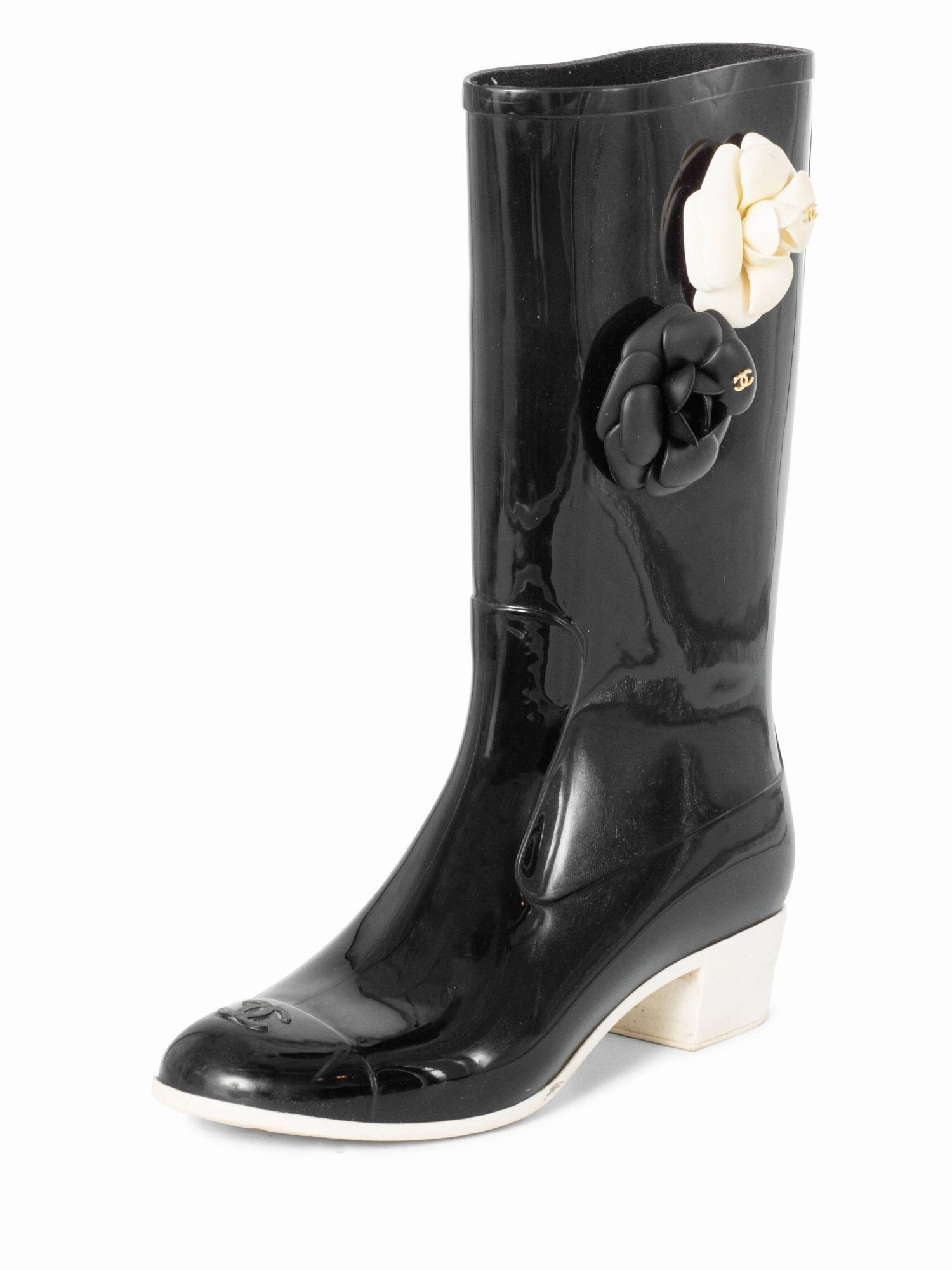Top Quality Chanel CC Logo Camellia Flower Rain Boots Black Hunter Play Short Boot