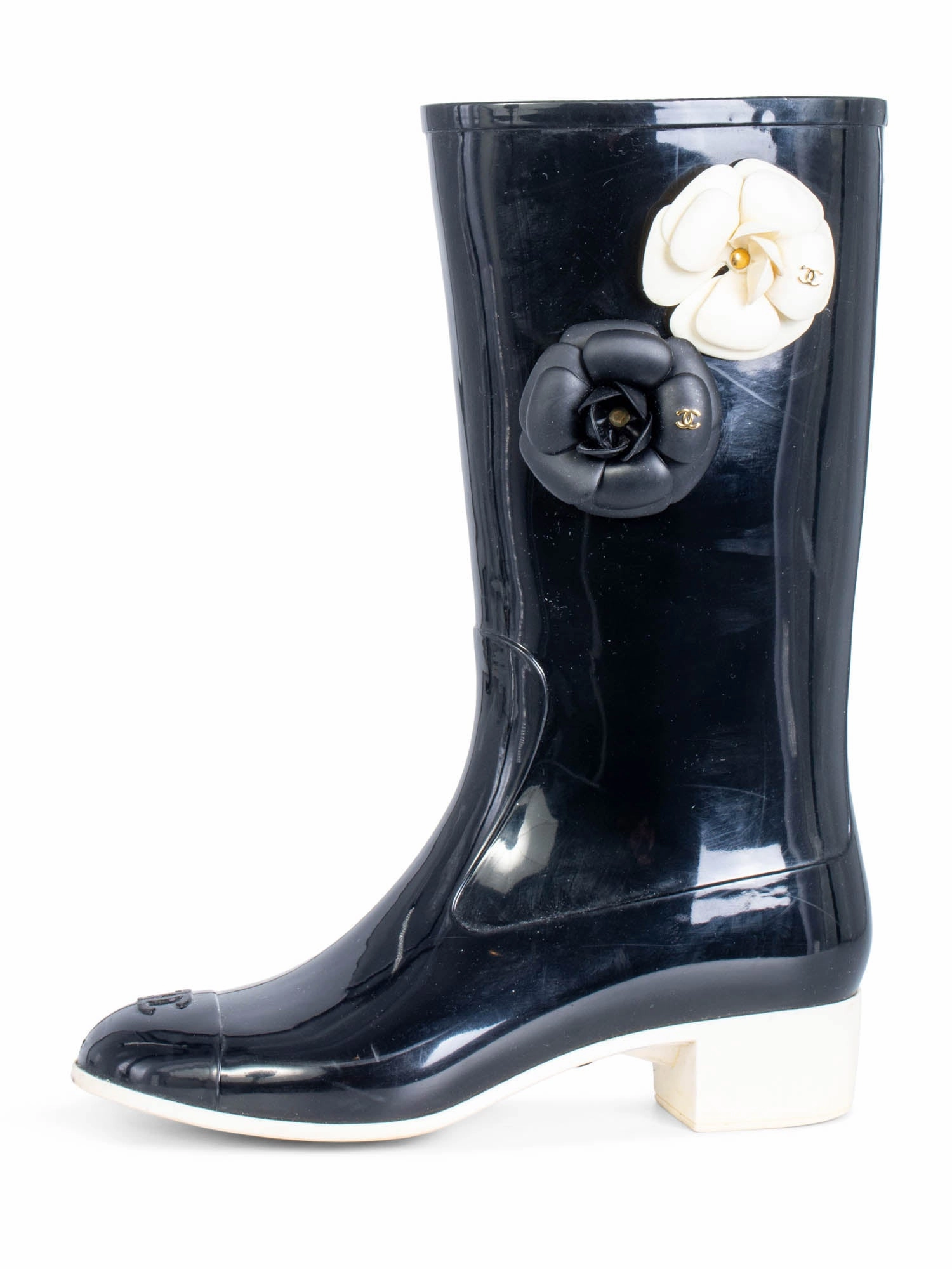 Top Quality Chanel CC Logo Camellia Flower Rain Boots Black Ivory Hunter Rain Boots Wide Calf