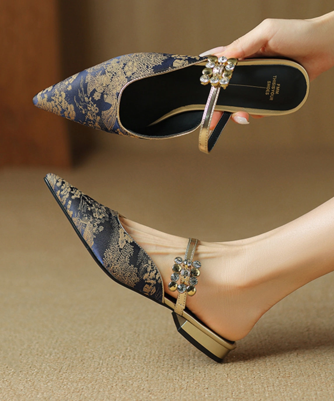 Green Chinese Style Splicing Zircon Slide Sandals Pointed Toe WT001 Chunky Platform S